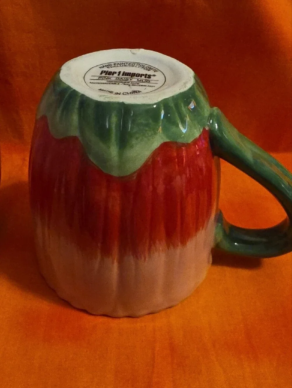 Pier 1 Imports Set of 2 Pink Daisy Flower Mugs Ceramic Pink Red Green